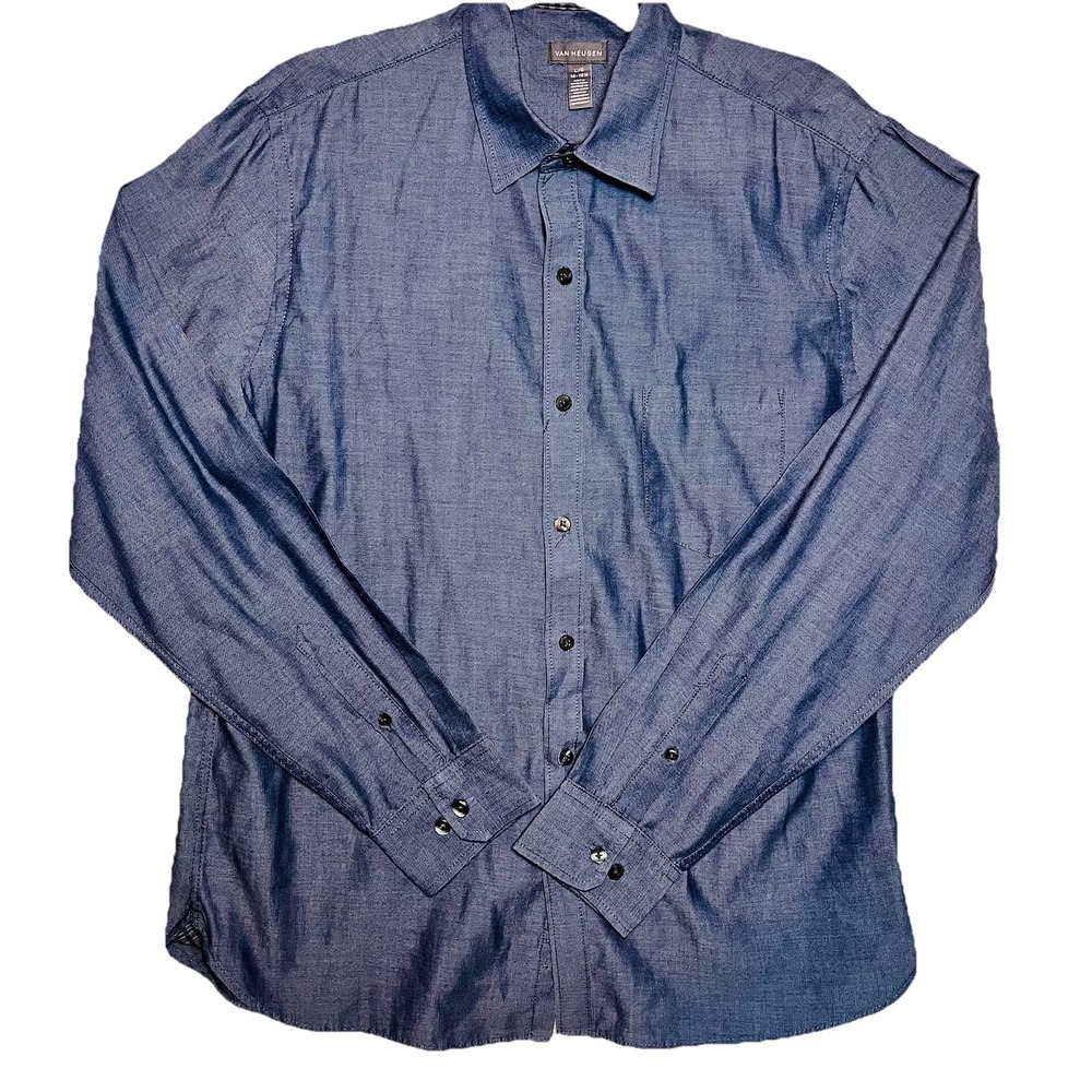 Mens VanHeusen Blue Solid Long-sleeve Dress Shirt Size‎ Lg.